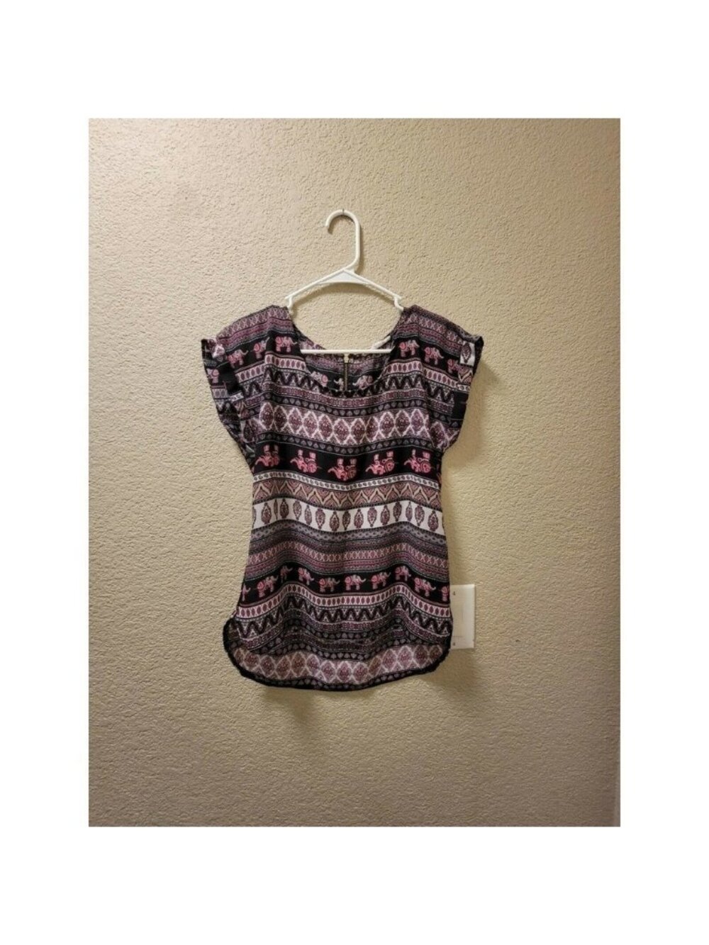 Pink Rose Elephant Print Boho Blouse Size XS